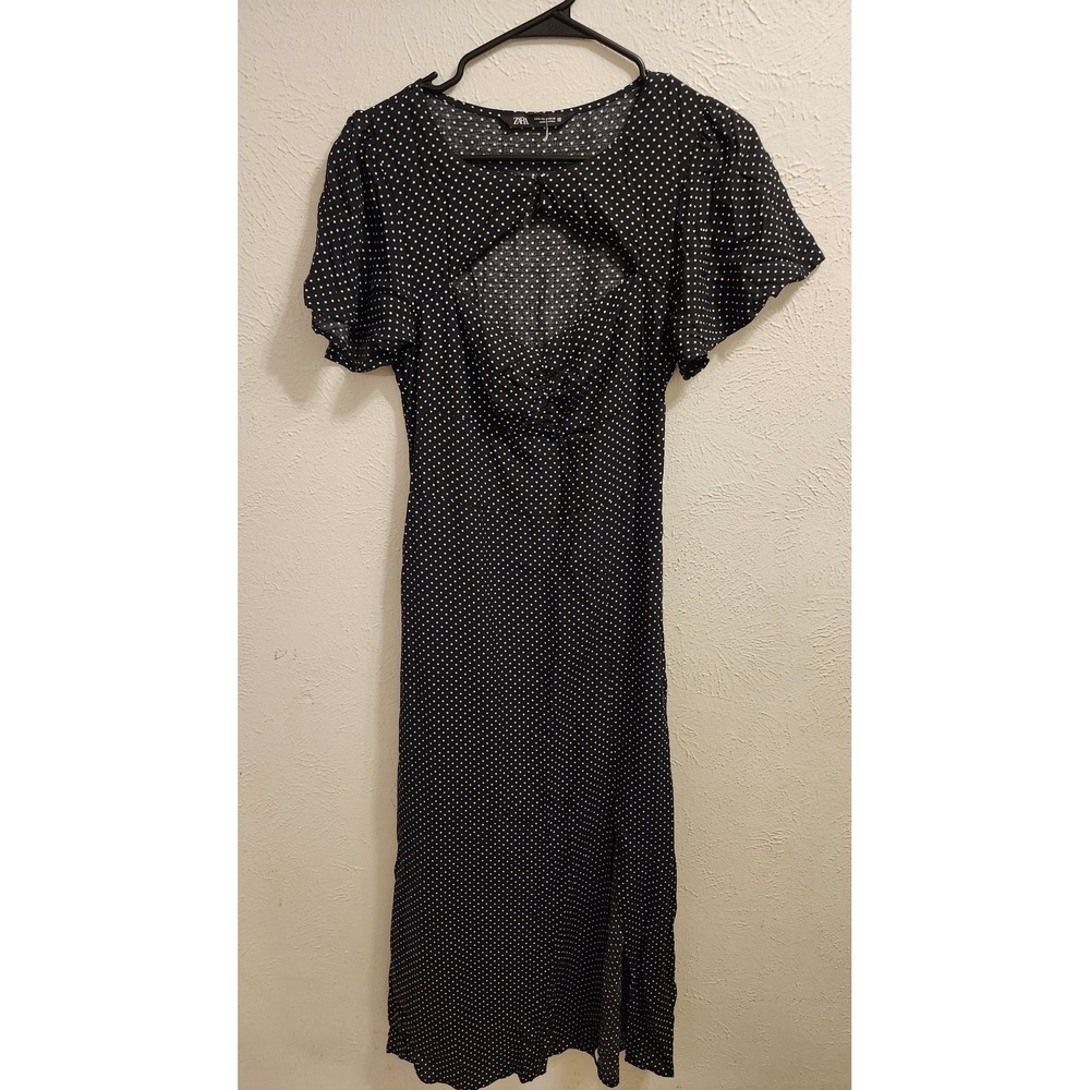 Zara Midi‎ Dress Small Black White Cut Out Polka Dots Thigh High Slit Bodycon